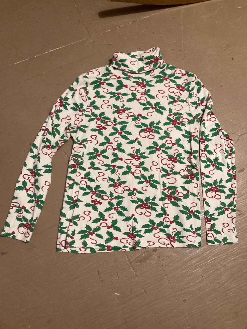 White Stag Cream Holiday Turtleneck with Green and Red Holly Motif